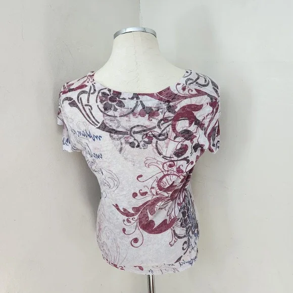 Maurices Womens Large V-Neck Burnout Graphic Tee Rhinestone Scroll Print - Picture 2 of 5